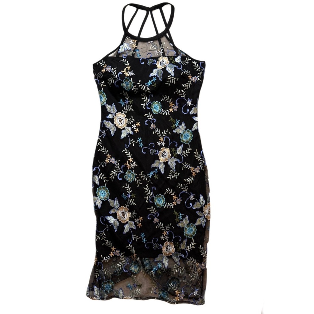 Guess Los Angeles Black Floral Embroidered Mesh Halter Bodycon size‎ 4 NWT